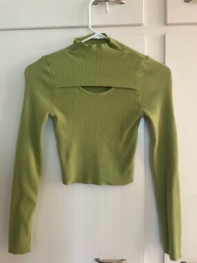 Kendall & Kylie Olive Ribbed Cutout Mock Neck Long Sleeve Top